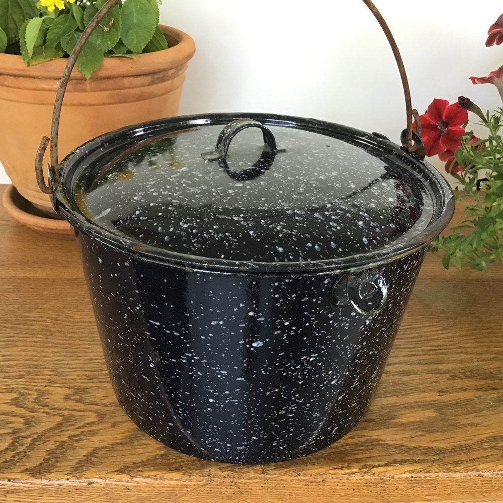 Vintage Enamel Speckle Graniteware Pot & Lid Black White Camping Rustic Decor